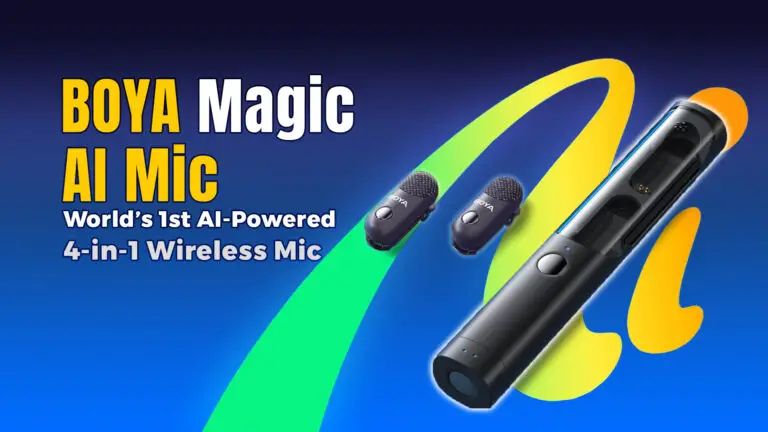 BOYA Magic AI-Powered 4-in-1 Wireless Microphone with AI noise cancelling, shown in clip-on mode with accessories, ideal for YouTube, podcasting, and vlogging.